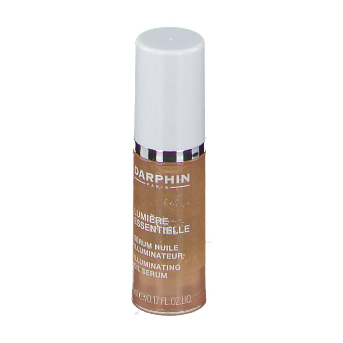 Sérum huile illuminateur Darphin Lumière Essentielle. Flacon en verre marron, bouchon blanc. Texte: Lumière Essentielle, Illuminating Oil Serum.