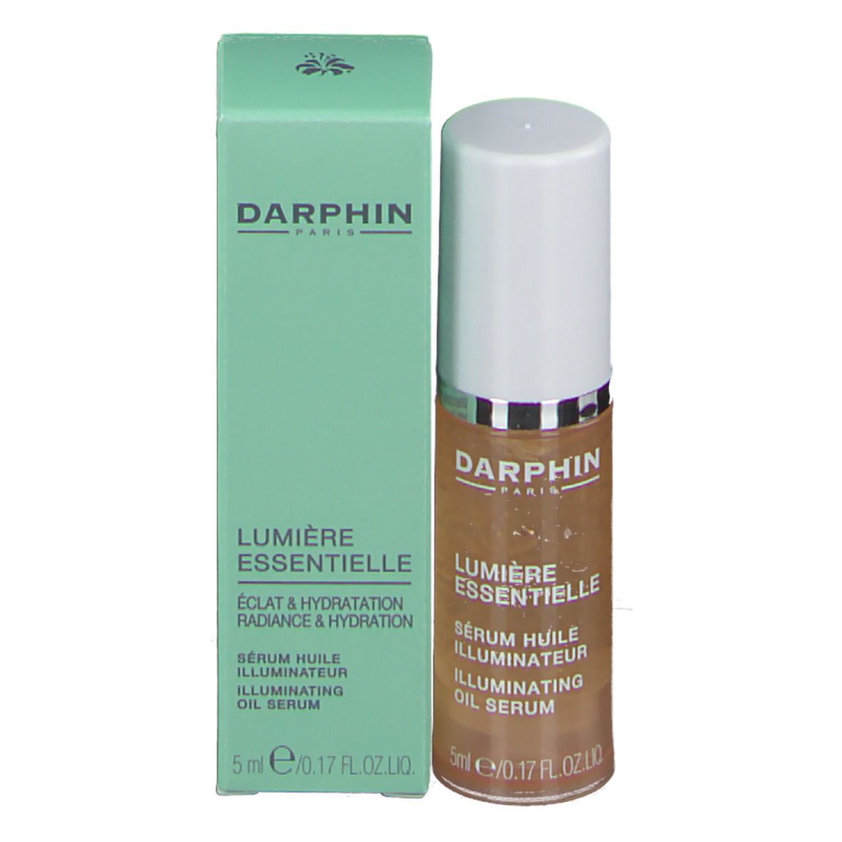 Sérum huile illuminateur Darphin Lumière Essentielle et emballage. Boîte verte et flacon marron, bouchon blanc.
