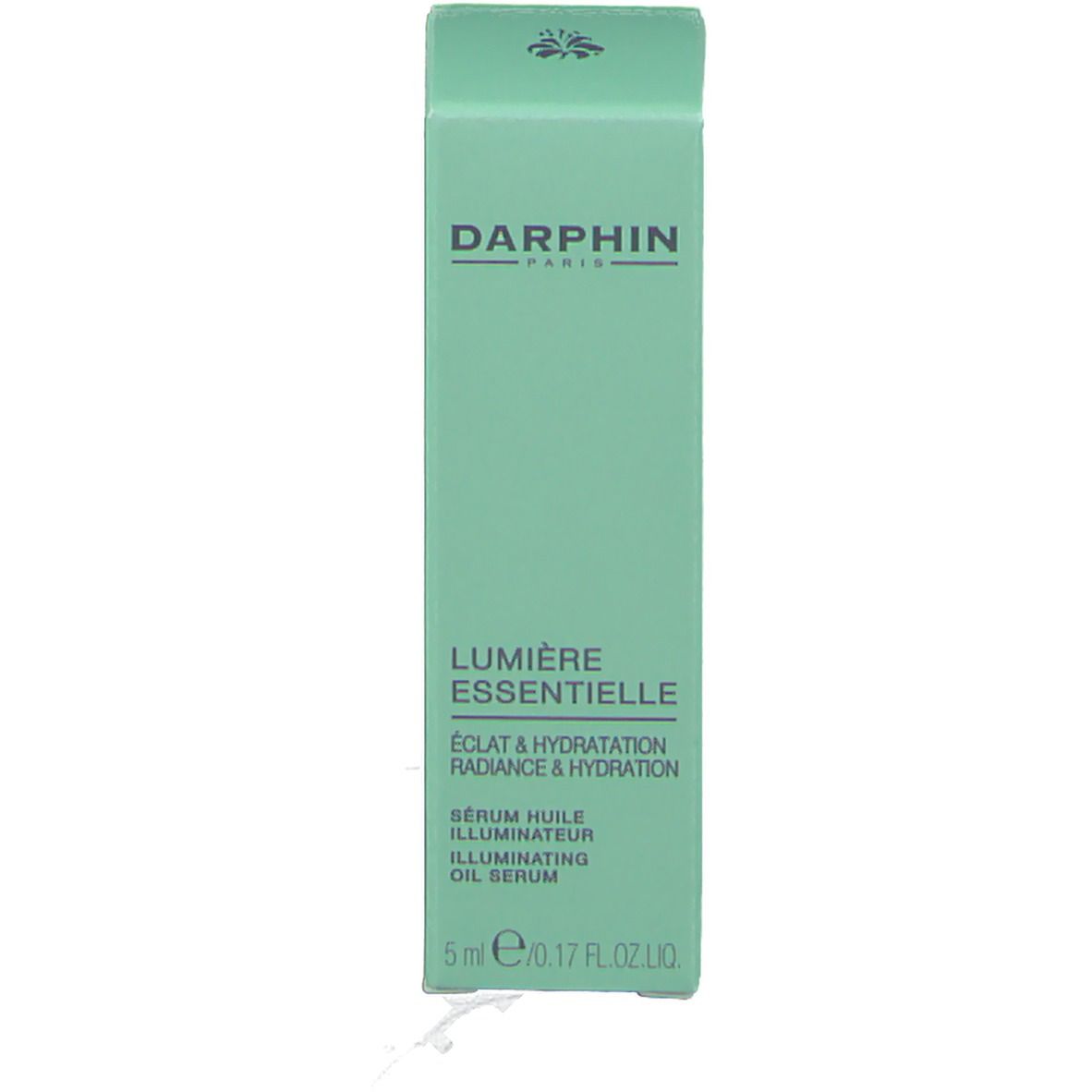 Emballage vert pour Darphin Lumière Essentielle. Texte: Lumière Essentielle, Éclat & Hydratation, Illuminating Oil Serum.