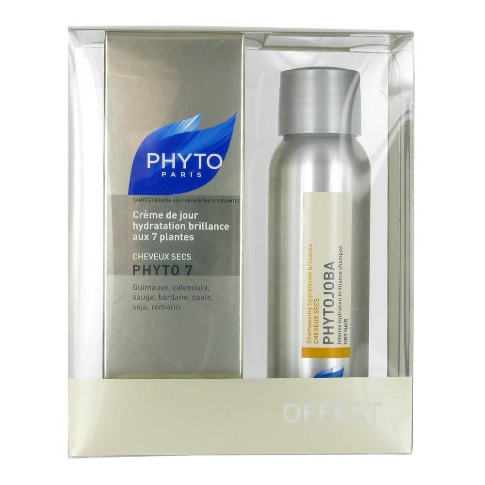 Coffret cadeau avec deux produits. À gauche : emballage crème avec PHYTO. À droite : flacon de shampooing avec PHYTOJOBA.