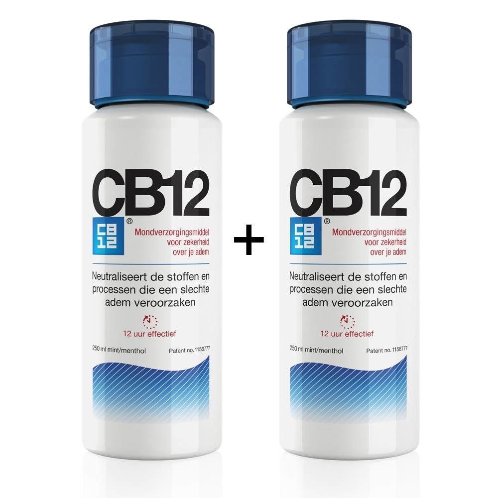 Deux flacons de bain de bouche CB12 avec bouchons bleus. Texte: Neutralise les substances causant la mauvaise haleine.