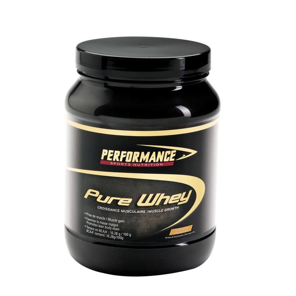Pot noir avec couvercle. Inscription "PERFORMANCE" et "Pure Whey". Texte en français et en anglais. Accents dorés.
