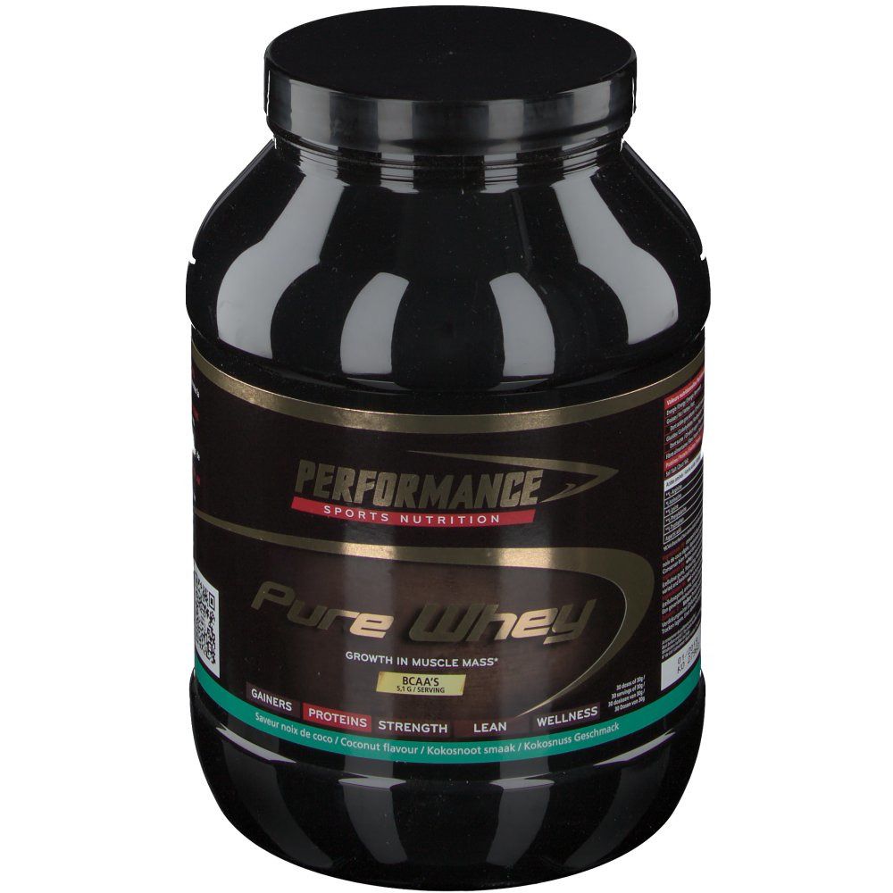 Pot noir avec étiquette. Inscription: Performance Pure Whey. Goût noix de coco. BCAA.