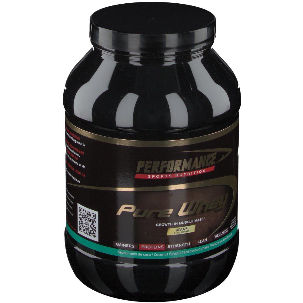 Pot noir avec étiquette. Inscription: Performance Pure Whey. Goût noix de coco. BCAA.