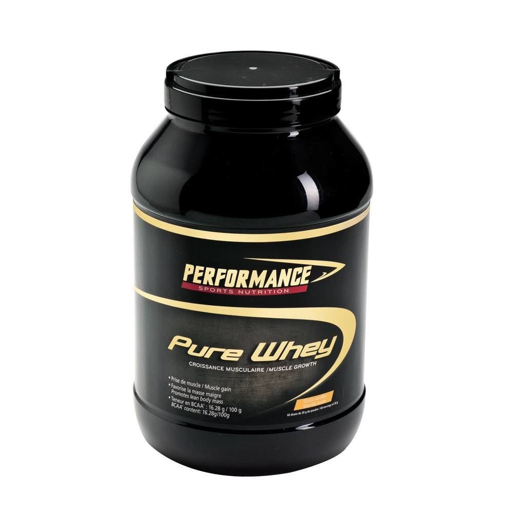 Pot noir avec détails dorés. Inscription "Performance Pure Whey".