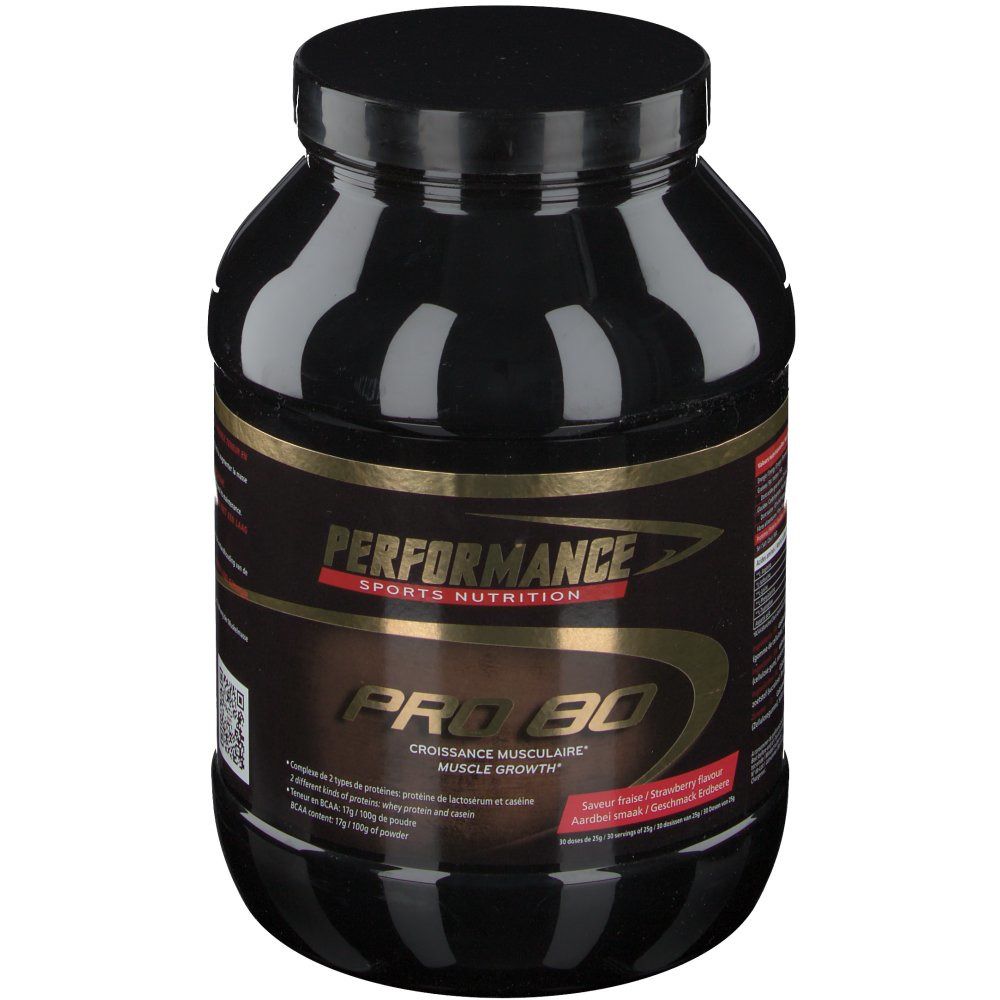 Boîte noire avec texte "Performance Pro 80". Écriture dorée. Goût fraise-framboise.
