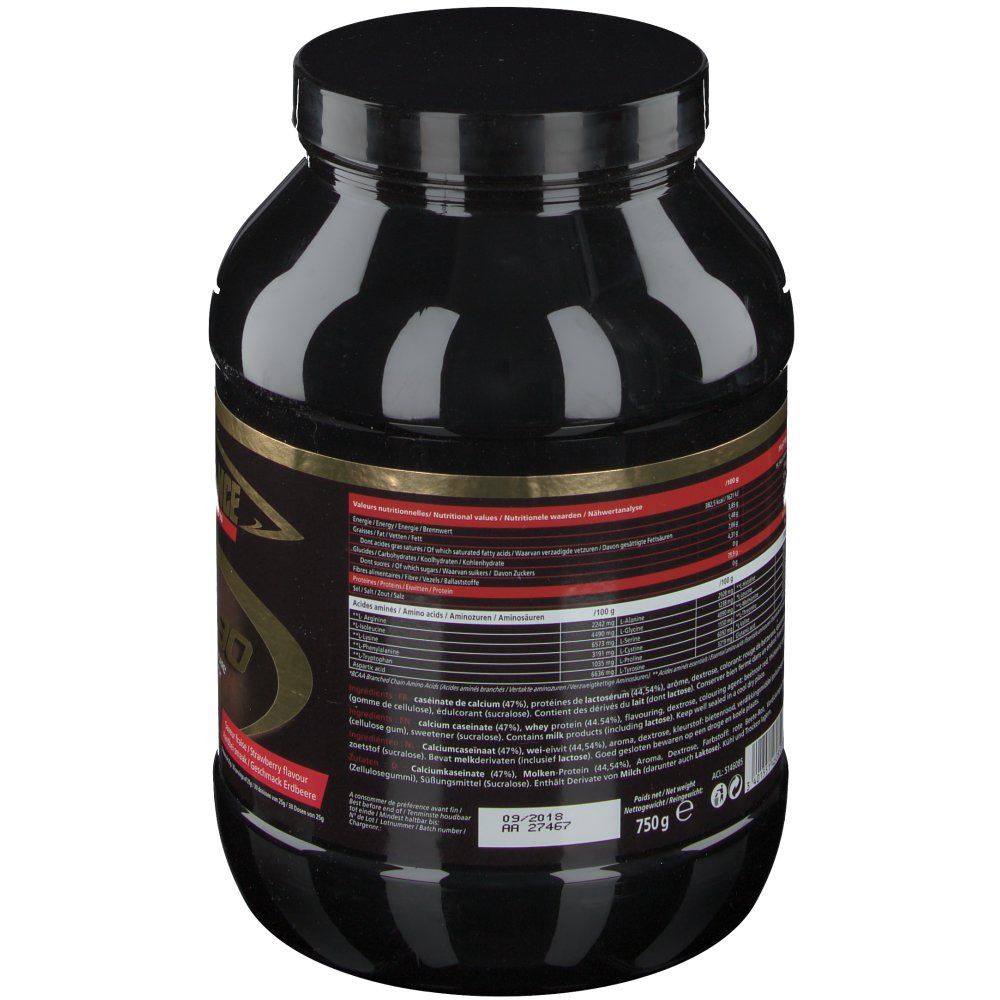 Boîte noire, dos avec texte et informations nutritionnelles. Écriture dorée. 750g.
