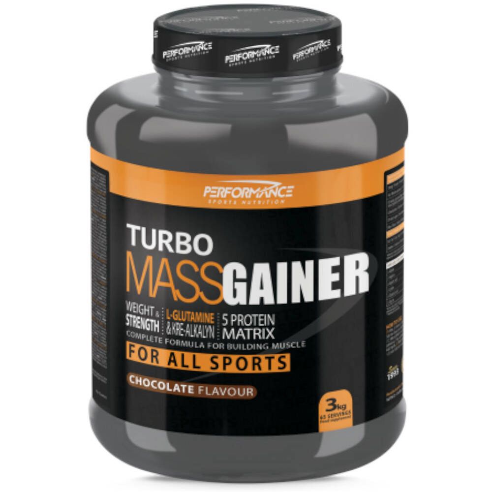 Pot gris foncé avec l'inscription TURBO MASSGAINER. Accents orange. Saveur chocolat. 3 kg. Pour tous les sports.