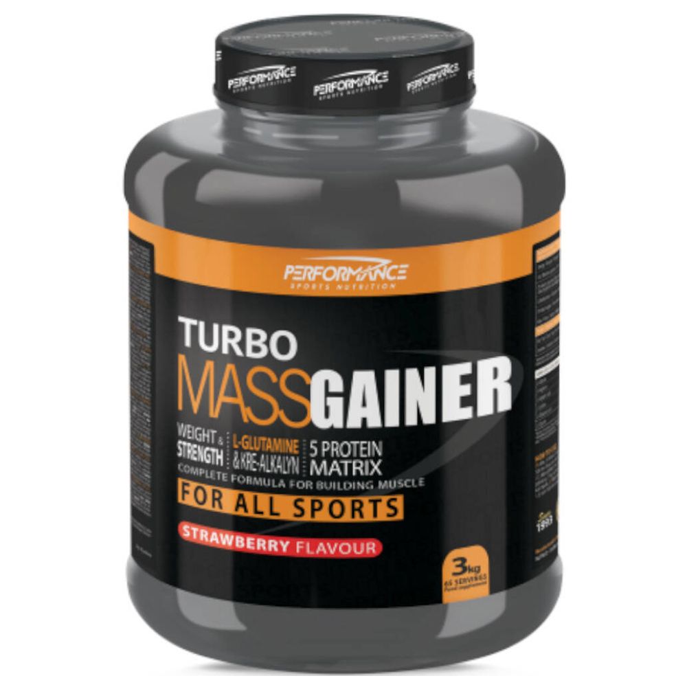 Pot noir avec "Turbo Mass Gainer". Bande orange avec informations produit. Goût fraise. 3 kg.