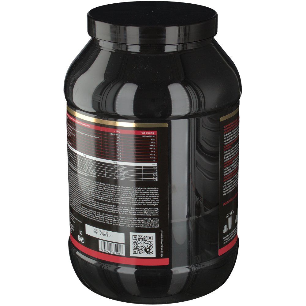 Pot noir, dos avec informations produit. Code QR et autres détails. Bande rouge en bas.