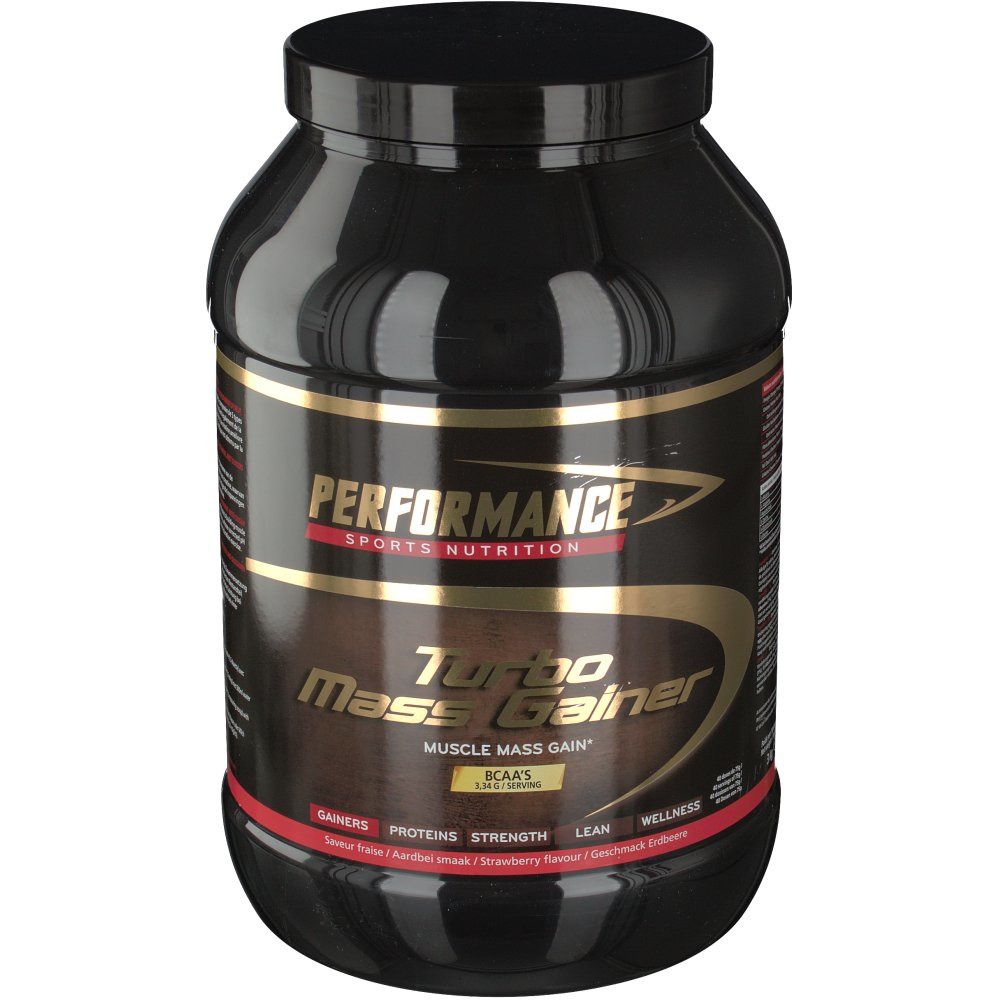 Pot noir avec étiquette dorée. Inscription "Turbo Mass Gainer" et "BCAAs". Logo de la marque.