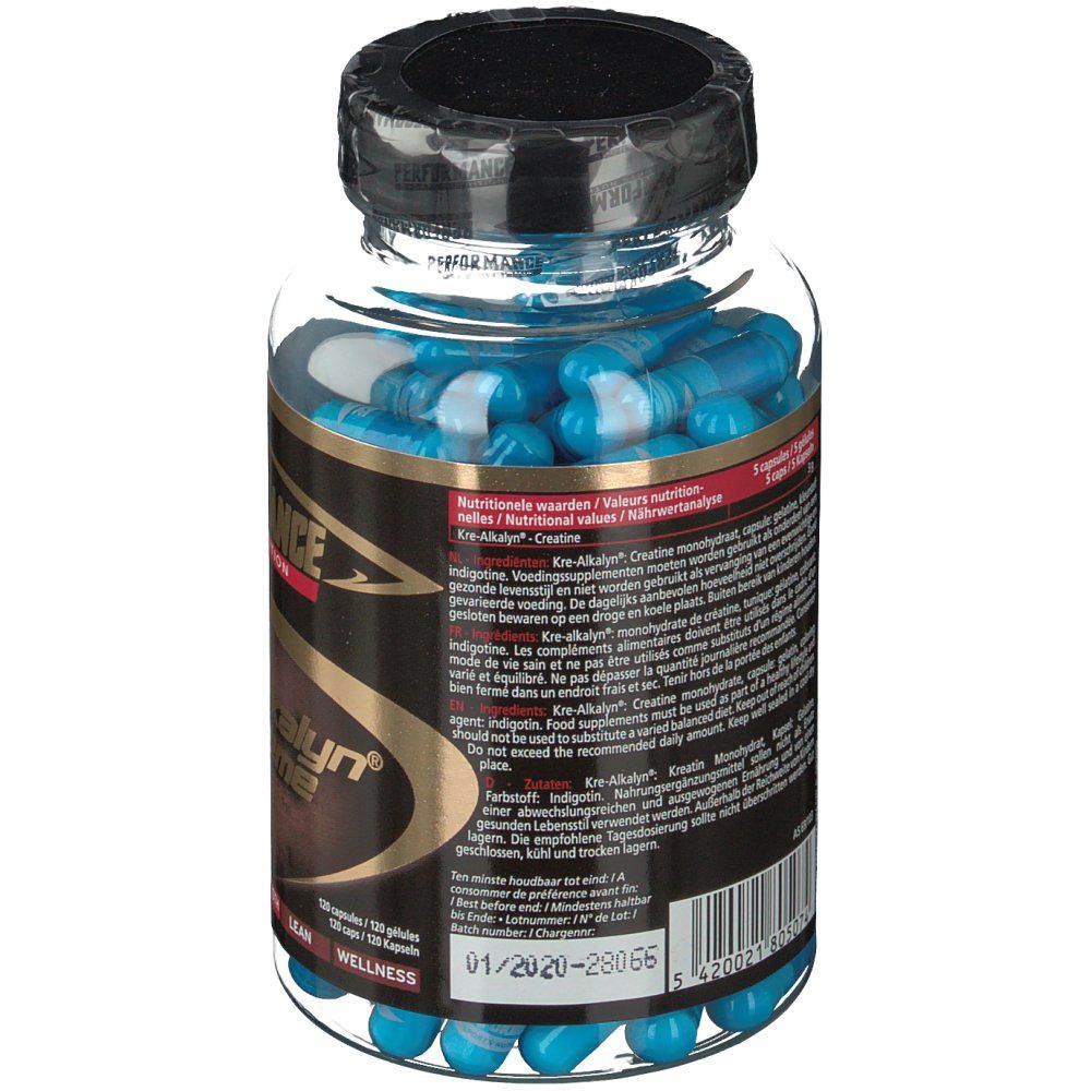 Vue arrière du flacon avec gélules bleues. Étiquette avec texte. Bouchon noir. Inscription : Kre-Alkalyn Xtreme.