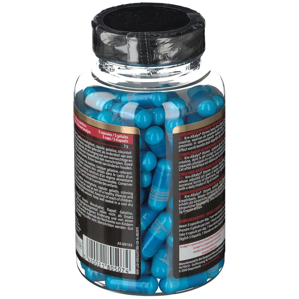 Vue arrière du flacon avec gélules bleues. Étiquette avec texte. Bouchon noir. Inscription : Kre-Alkalyn Xtreme.