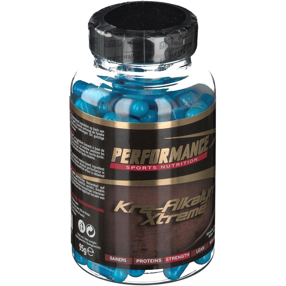 Flacon avec gélules bleues. Inscription : Performance Kre-Alkalyn Xtreme. Bouchon noir. 95g.