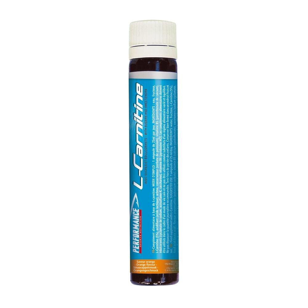 Ampulle mit blauer und orangefarbener Beschriftung. Aufschrift: L-Carnitine und Performance. Weiße Kappe. Flüssigkeit sichtbar.