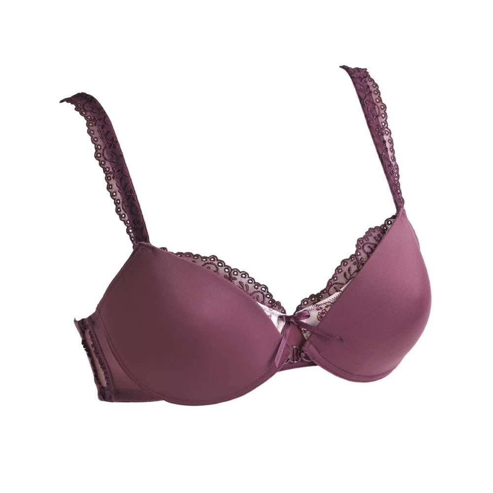 Soutien-gorge violet avec dentelle. Bretelles réglables. Vue de face oblique.