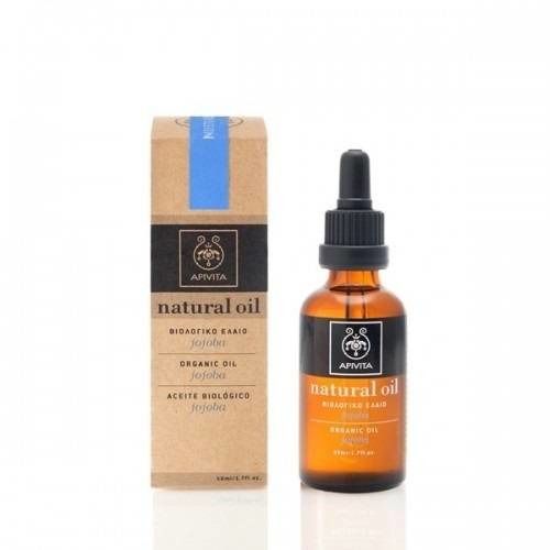 Flacone di vetro ambrato con contagocce e confezione in cartone. Scritta: Apivita Natural Oil, Jojoba.