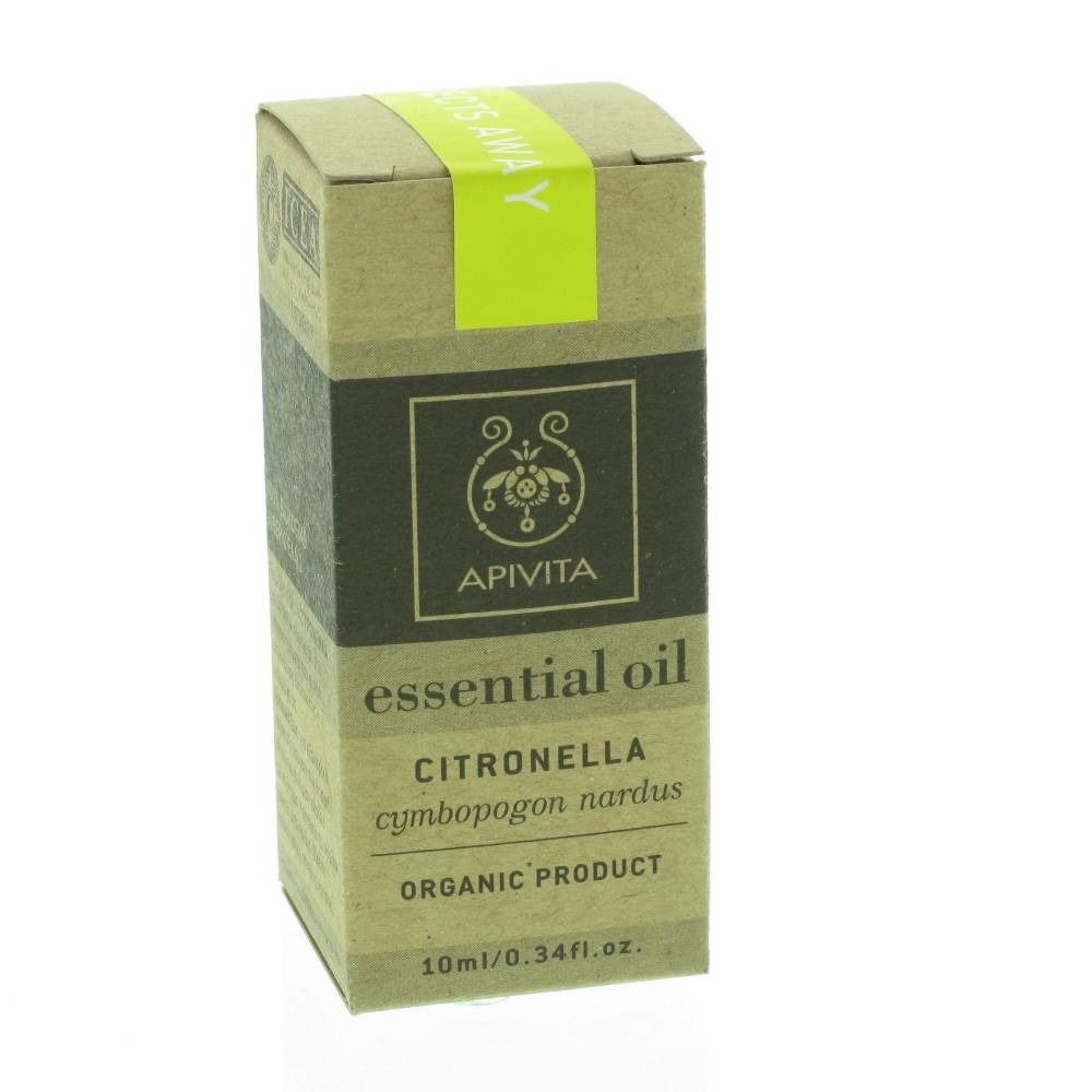 Kartonverpackung mit Aufschrift "Apivita essential oil Citronella". Enthält 10 ml. Grün-gelber Streifen oben.