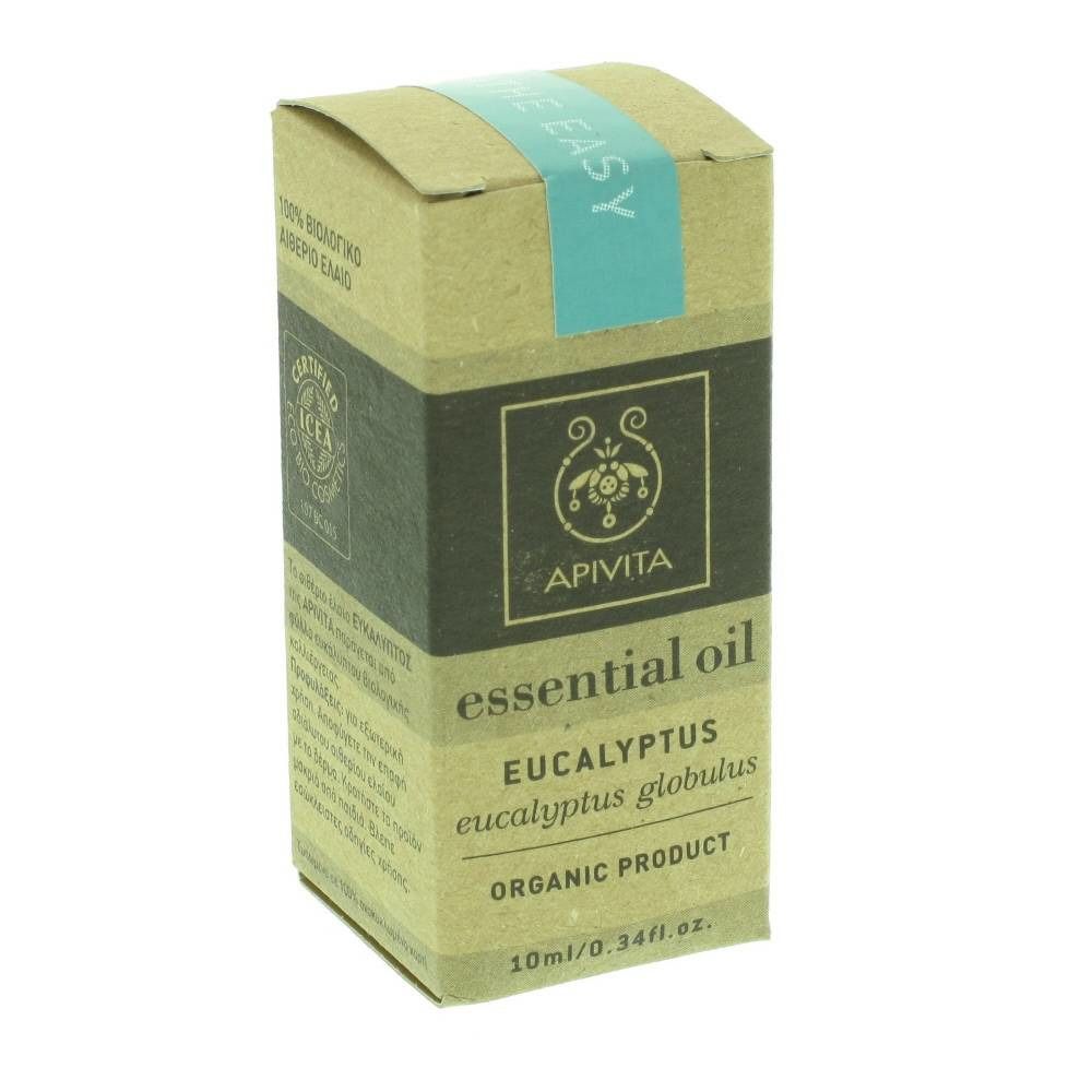 Emballage en carton avec informations produit. Inscription : Apivita, essential oil, Eucalyptus, produit biologique. Logo de certification.