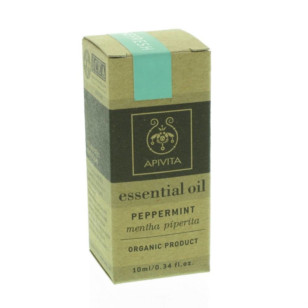 Kartonverpackung mit Logo und Schriftzug. Enthält ätherisches Öl Pfefferminze. Aufschrift: APIVITA, essential oil, ORGANIC PRODUCT.