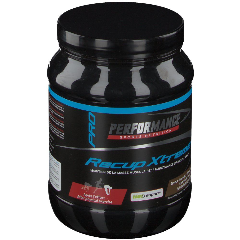 Zwarte pot met blauw-witte tekst. Opschrift: Performance Recup Xtreme, chocoladesmaak. Logo: Creapure.