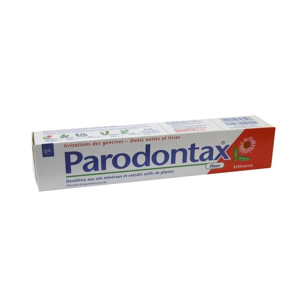 Tube de dentifrice Parodontax Fluor, emballage blanc avec accent rouge. Écriture bleue, logo rouge.