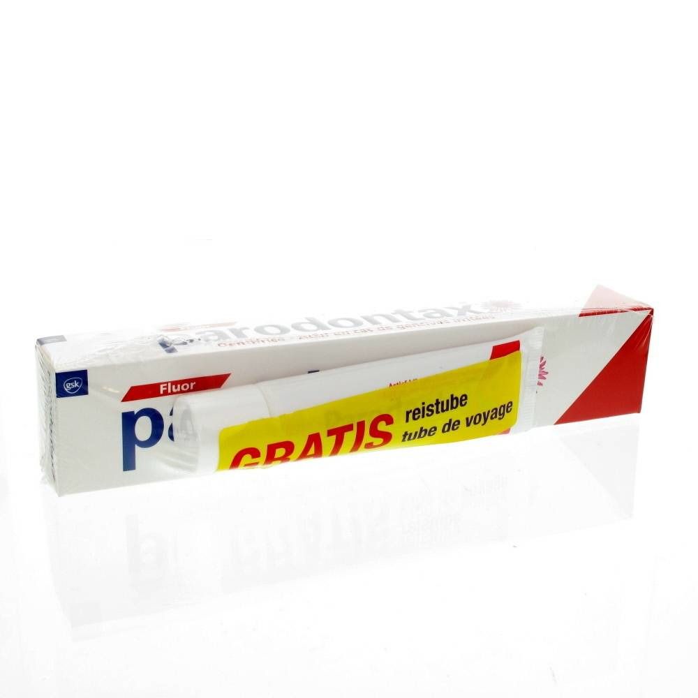 Tube de dentifrice Parodontax Fluor avec format voyage. Emballage blanc avec accent rouge. Inscription jaune : GRATIS.