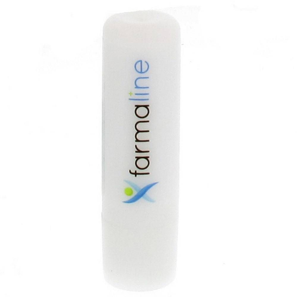 Witte lippenbalsemstift met blauwe tekst "farmaline" en logo. Cilindrische vorm.