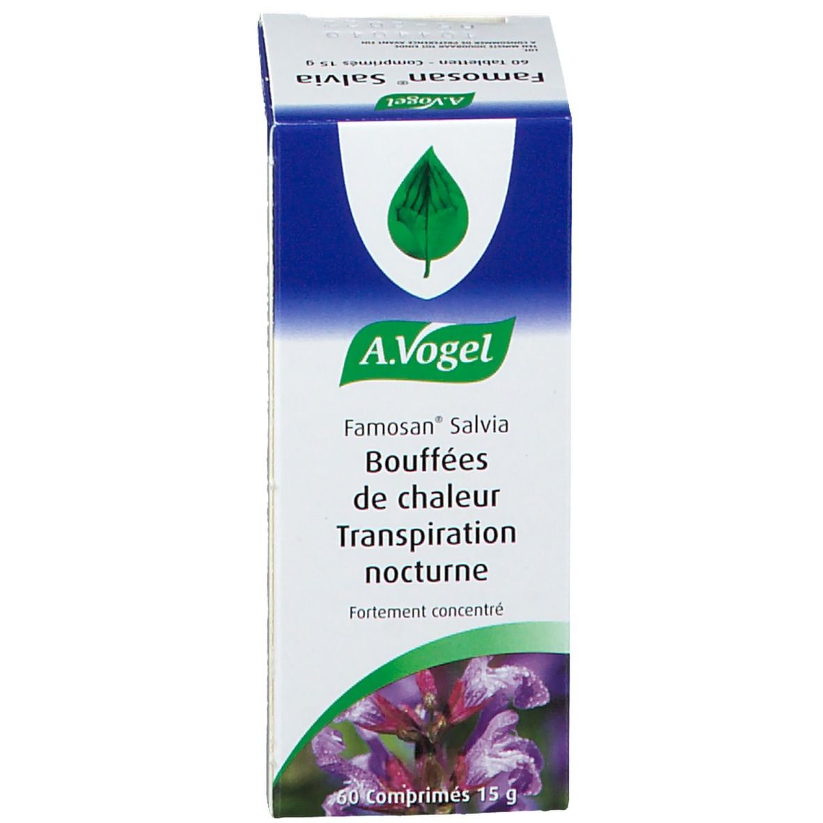 Boîte A. Vogel Famosan Salvia. Boîte bleue et blanche avec nom et logo du produit. Contient 60 comprimés.