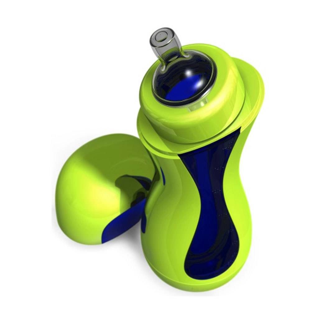 Biberon verde-blu con tappo. Marchio iiamo. Vista prospettica.