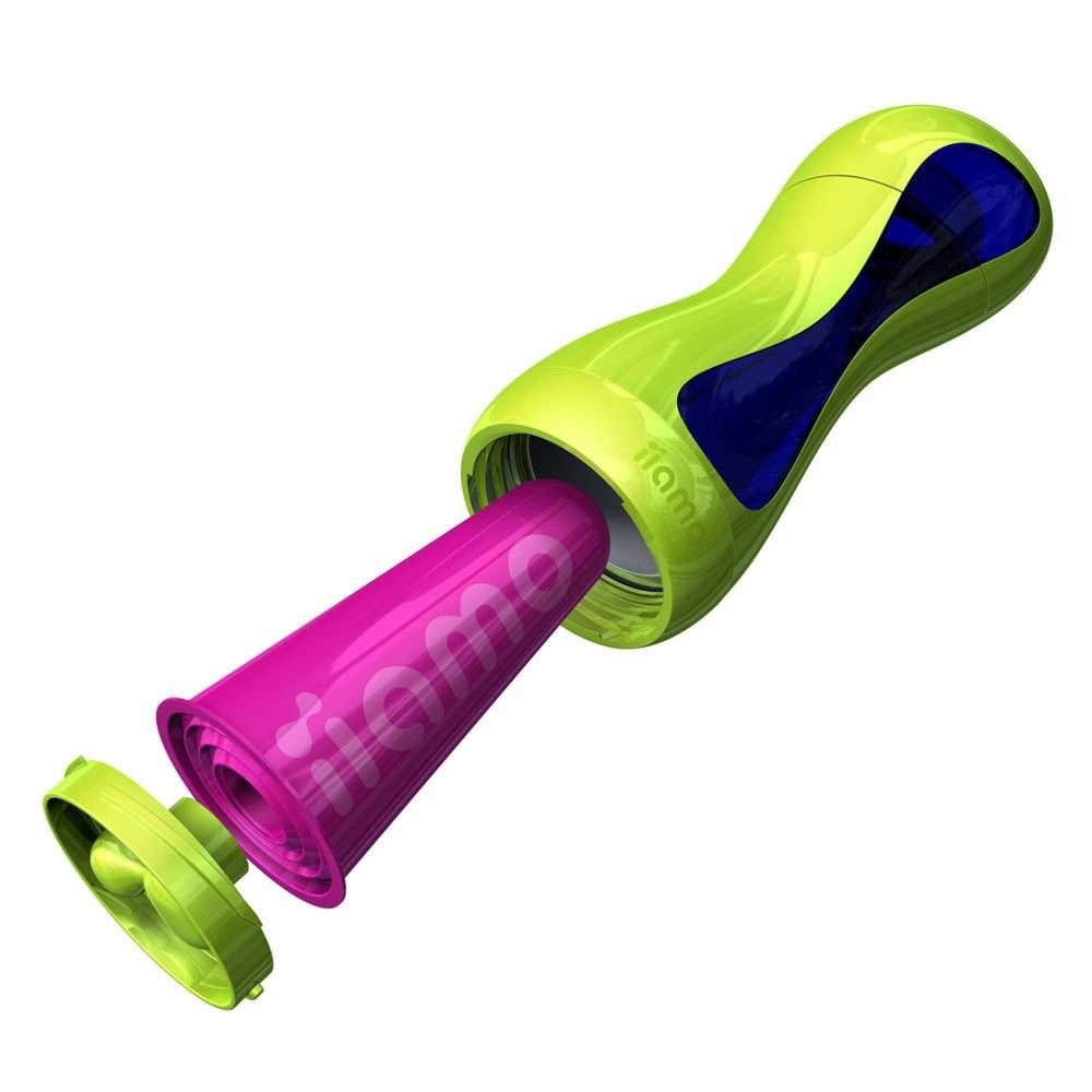 Biberon smontato. Bottiglia verde-blu, cartuccia riscaldante rosa, tappo. Marchio iiamo.