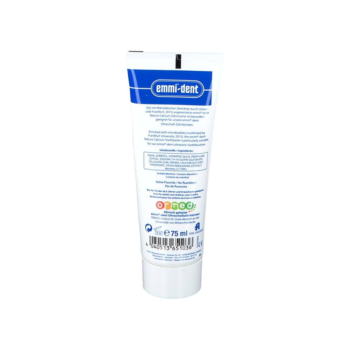 Dos du tube de dentifrice. Texte: emmi-dent, ingrédients, 75 ml. Avec code QR et symboles de recyclage.