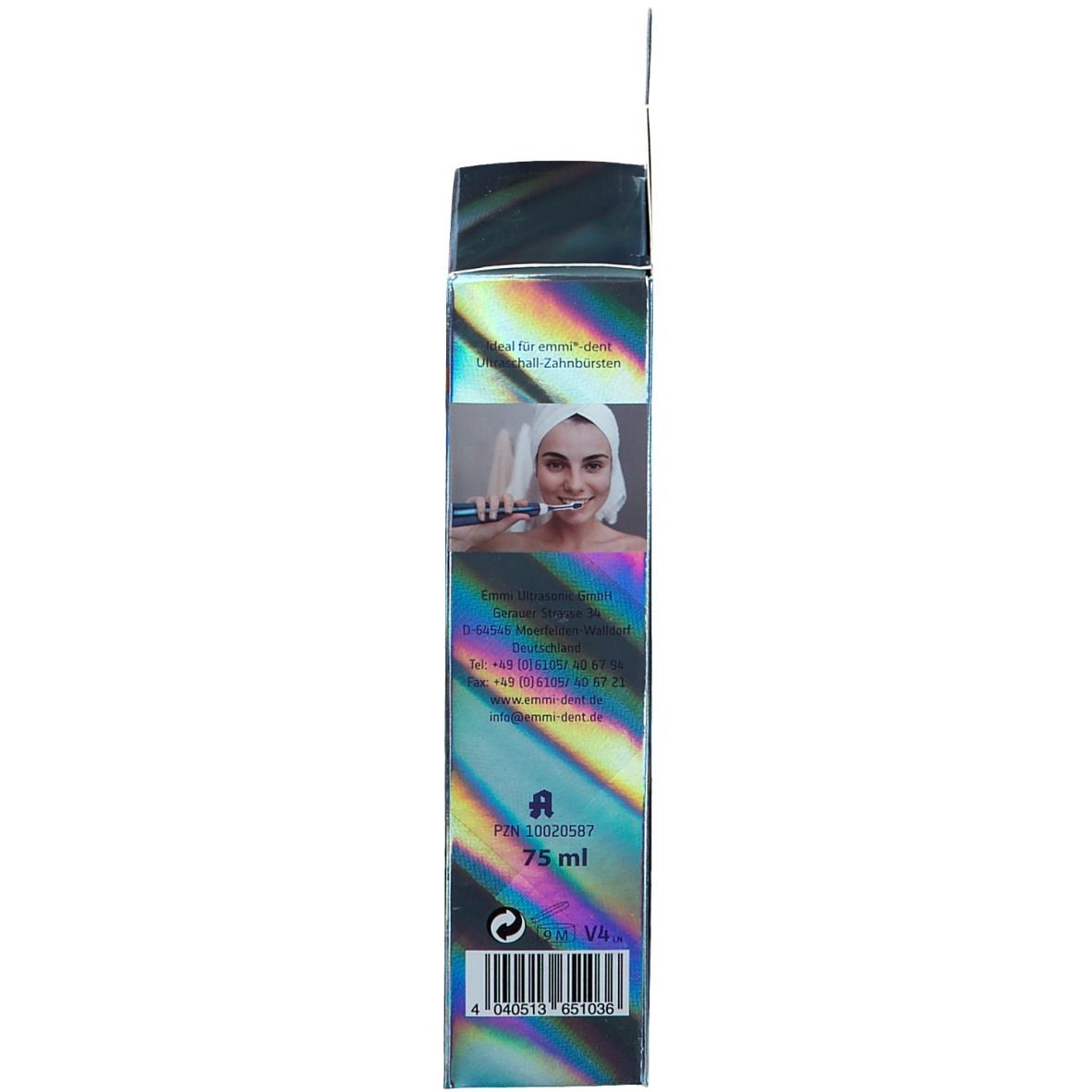 Côté de l'emballage. Image d'une femme avec une brosse à dents. Texte: 75 ml, numéro PZN, symboles de recyclage.