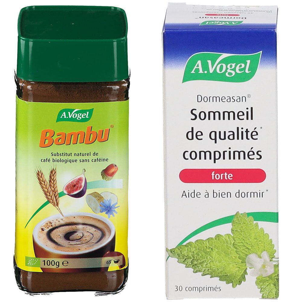 Boîte A. Vogel Bambu et boîte Dormeasan Forte. Bambu avec couvercle vert, Dormeasan avec texte.