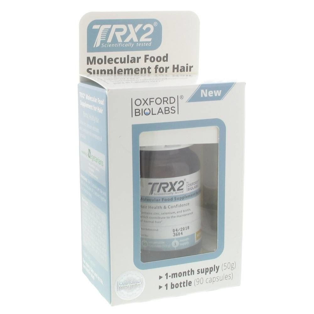 TRX2 voedingssupplement voor haar in een doos. Bevat een fles met 90 capsules. Opschrift: Molecular Food Supplement for Hair.
