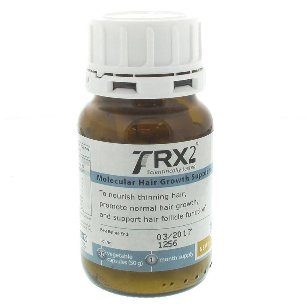 Bruine fles met TRX2 voedingssupplement voor haar. Bevat capsules. Opschrift: Molecular Hair Growth Supplement. 90 capsules.