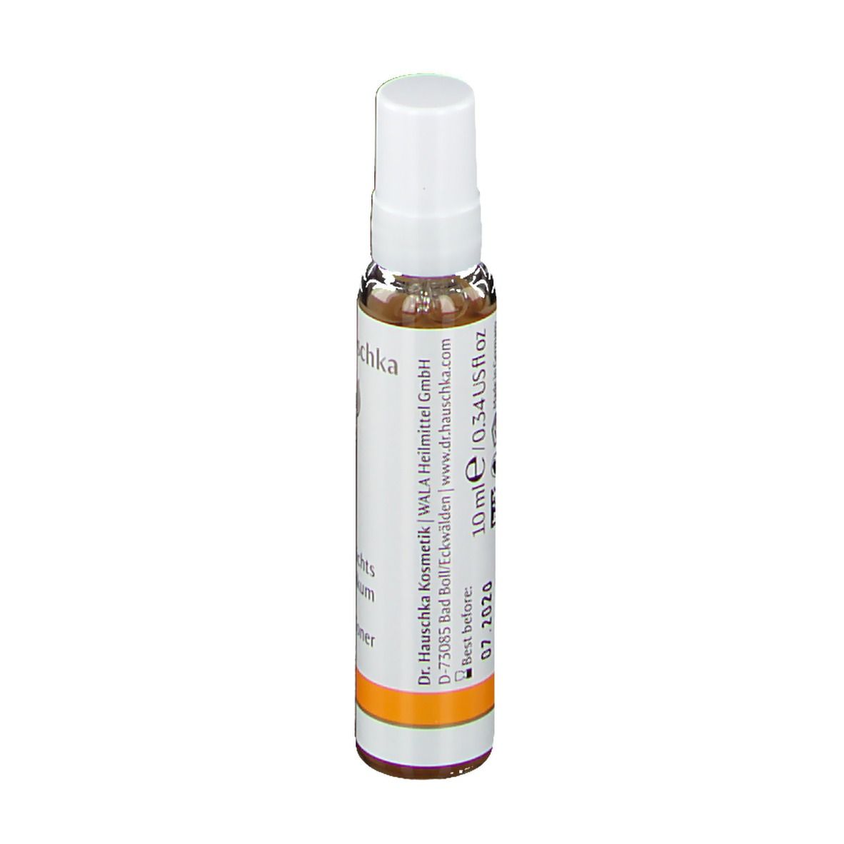Flacon transparent avec vaporisateur blanc. Étiquette avec informations et logo du produit. Bande orange.
