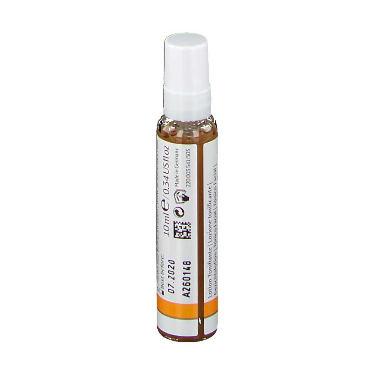 Flacon transparent avec vaporisateur blanc. Étiquette avec informations et logo du produit. Bande orange.