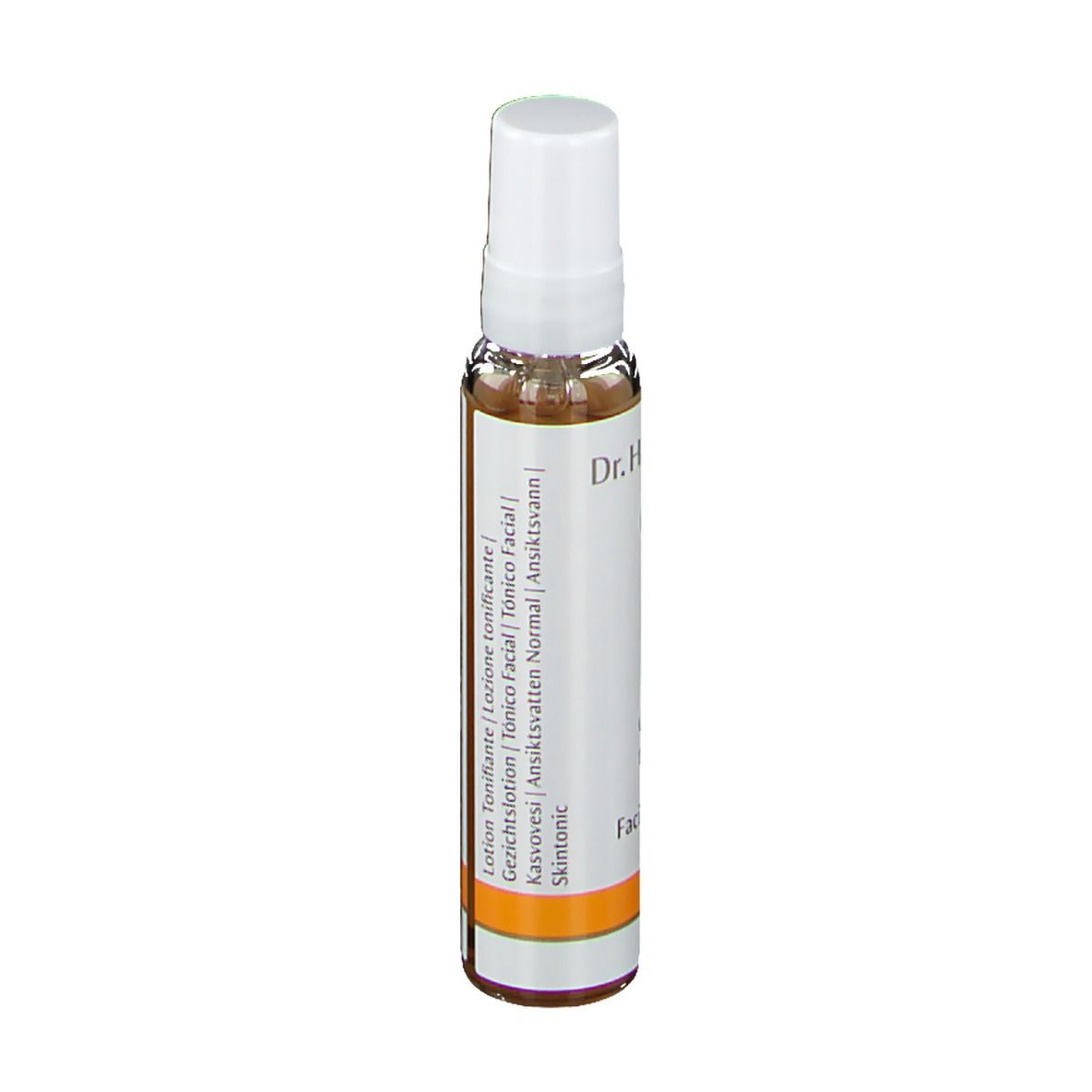 Flacon transparent avec vaporisateur blanc. Étiquette avec informations et logo du produit. Bande orange.