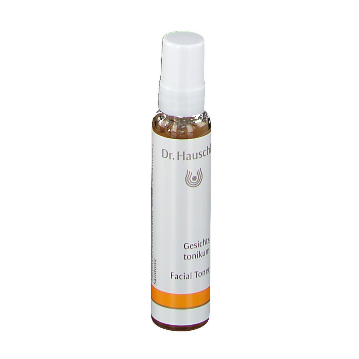 Flacon transparent avec vaporisateur blanc. Étiquette avec nom et logo du produit. Bande orange.