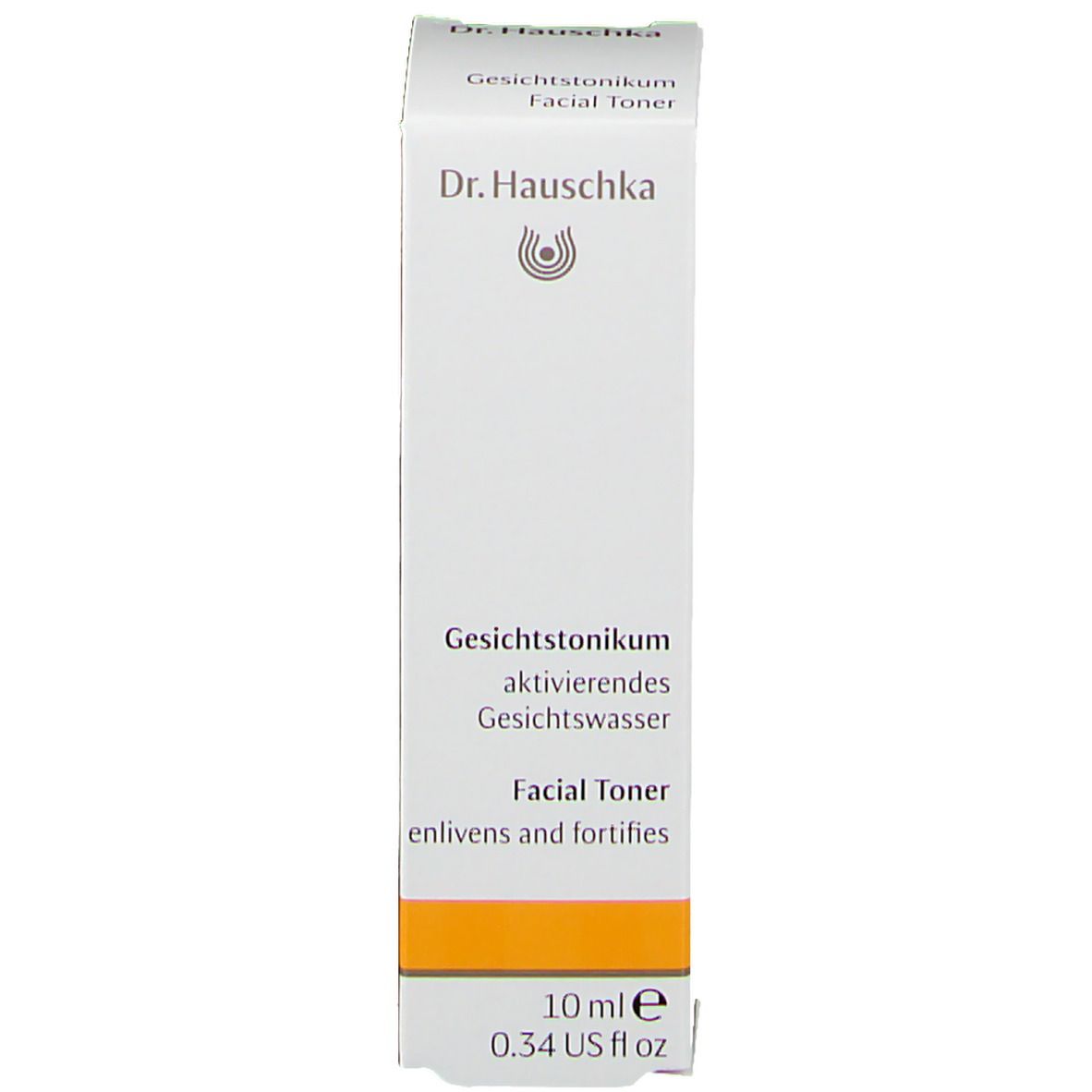 Emballage blanc avec nom et logo du produit. Bande orange. Informations sur le produit.