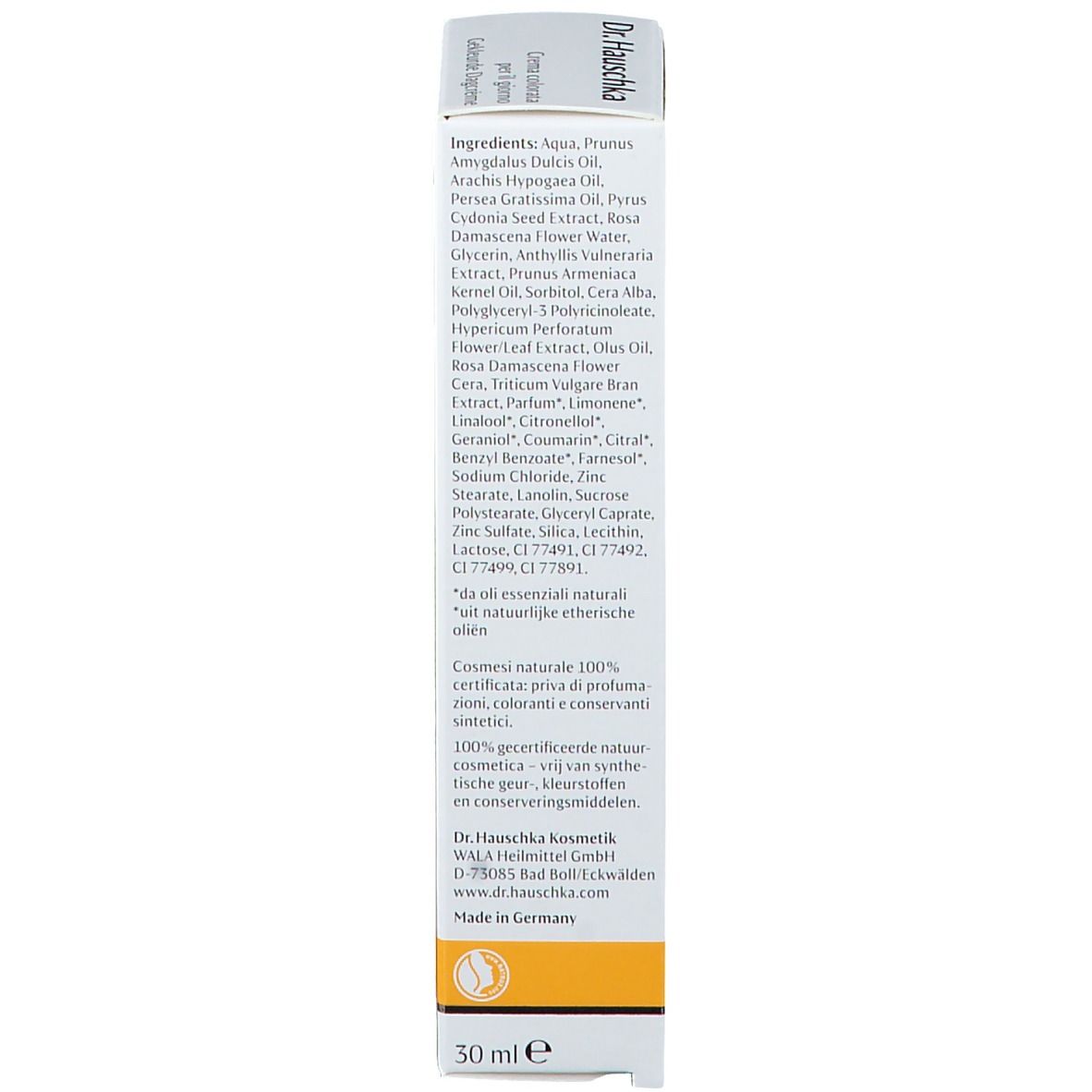 Schachtel mit Inhaltsstoffen und Informationen. Marke: Dr. Hauschka. 30 ml.