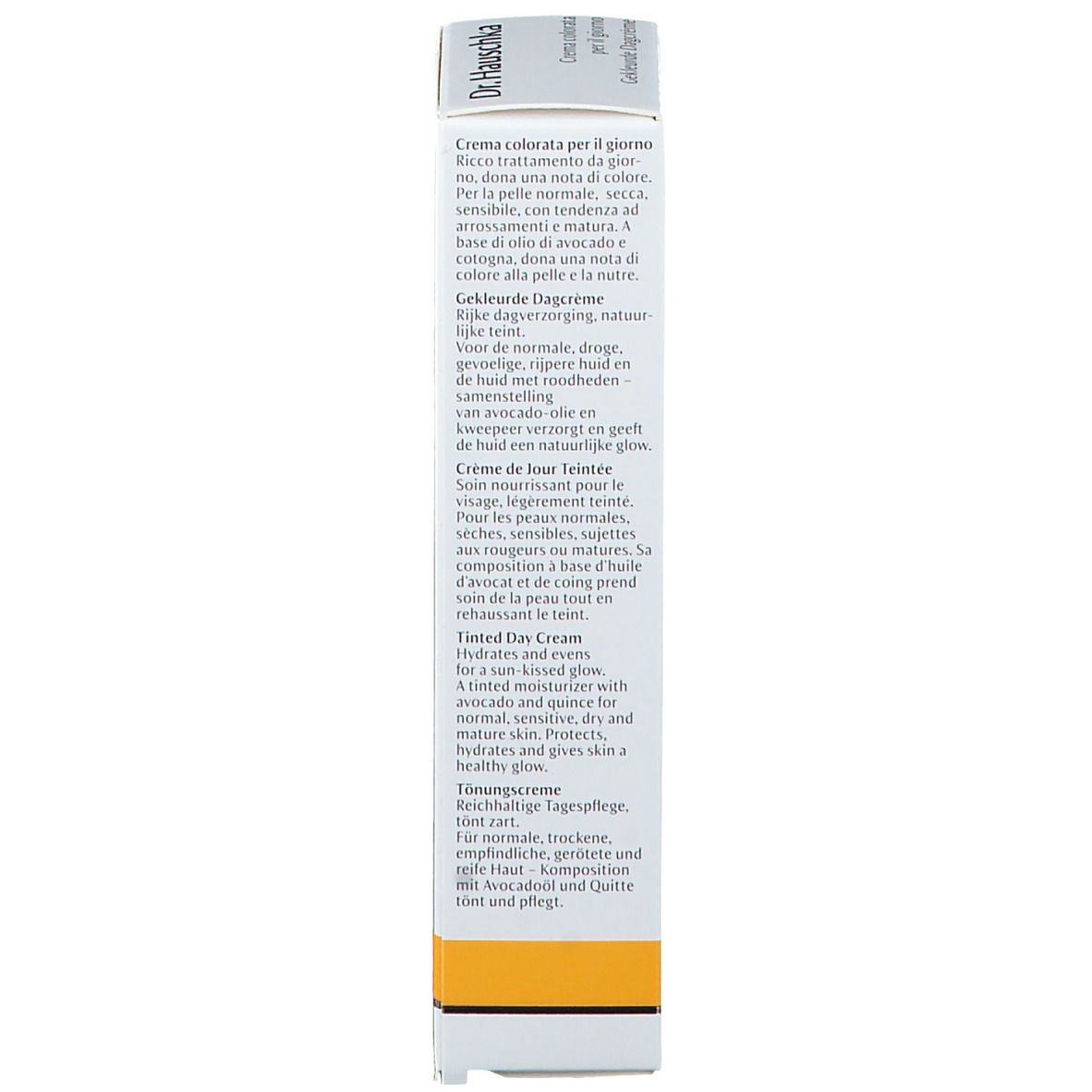 Rückseite der Schachtel. Text in mehreren Sprachen. Marke: Dr. Hauschka. Informationen zum Produkt.