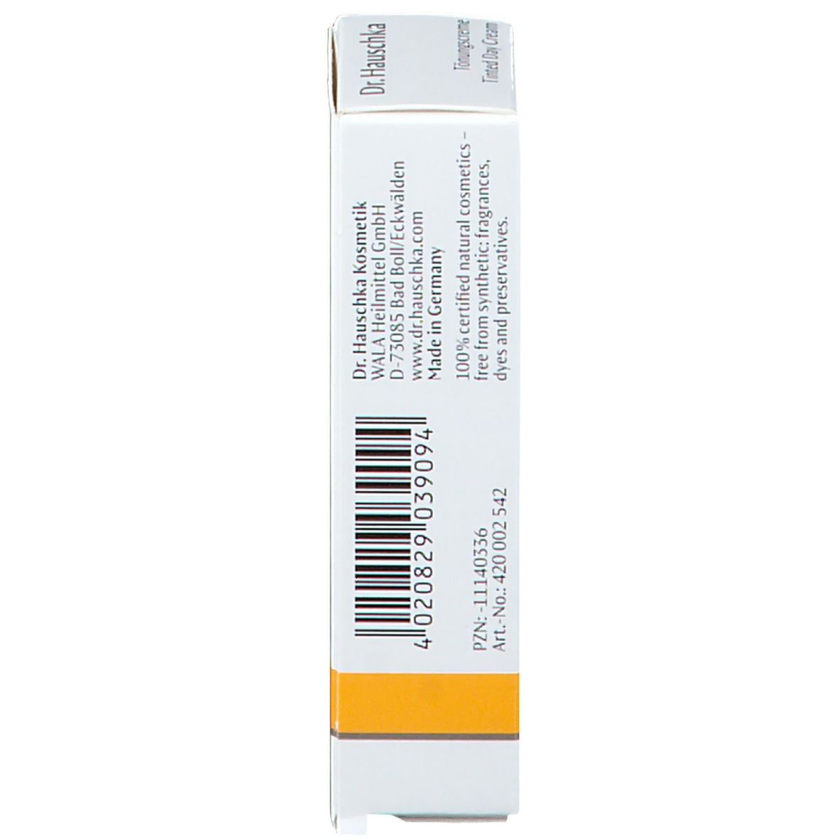 Doos met barcode en informatie. Opschrift: Dr. Hauschka, Made in Germany. Gele streep.