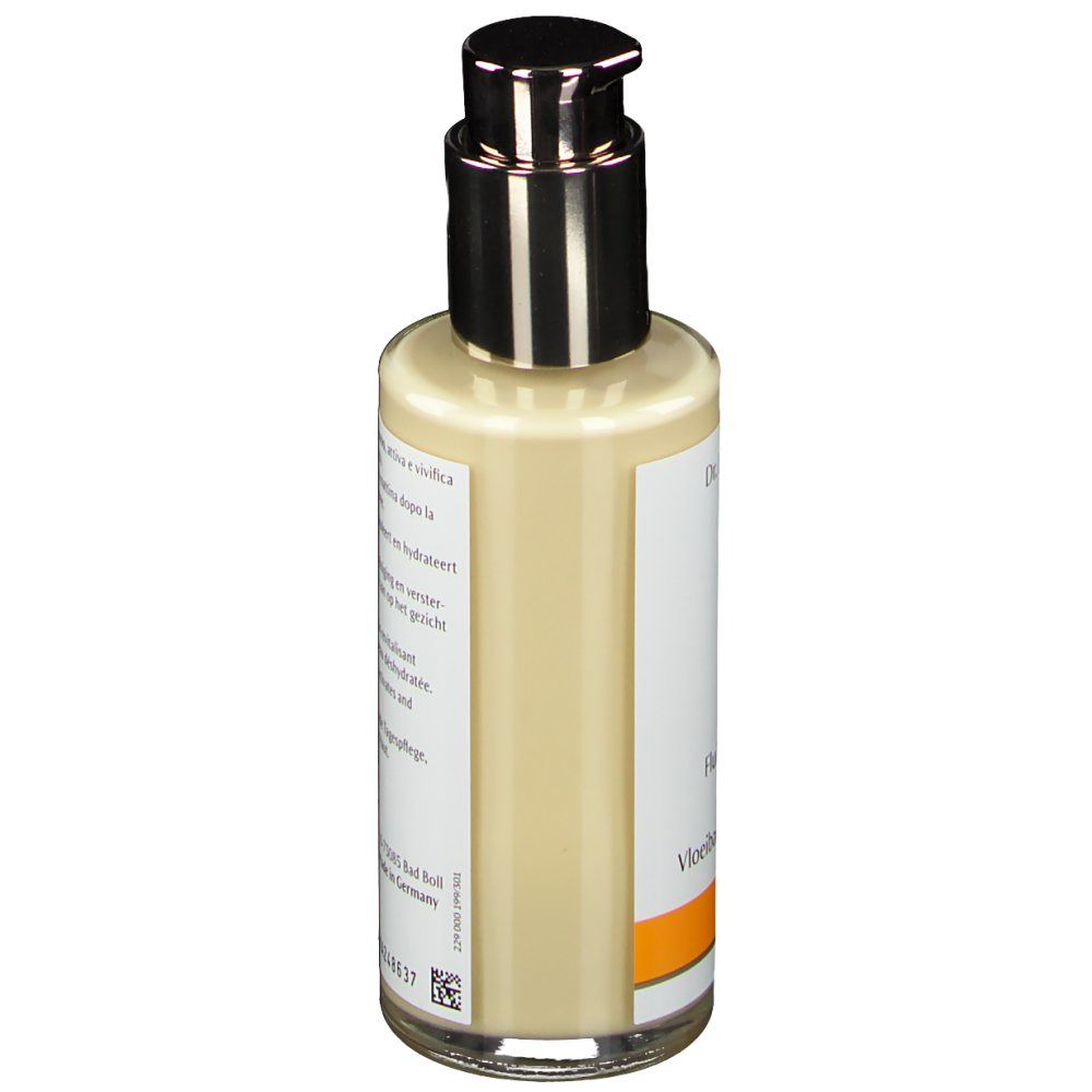 Flacon beige avec pompe argentée. Dos avec texte. Bande orange. 100 ml.