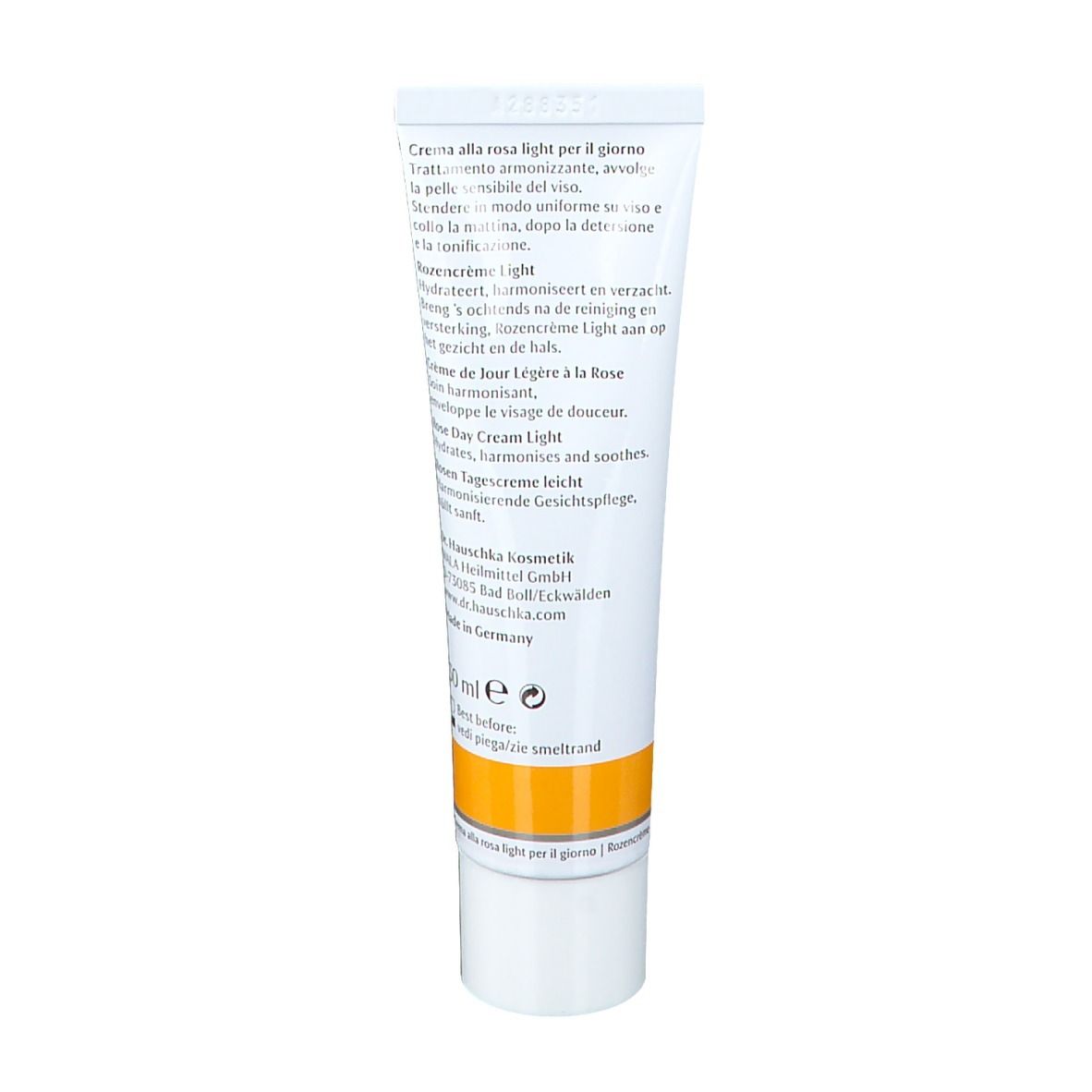 Dos du tube. Texte multilingue. Bande jaune. Inscription: Dr. Hauschka, 30 ml, Made in Germany.