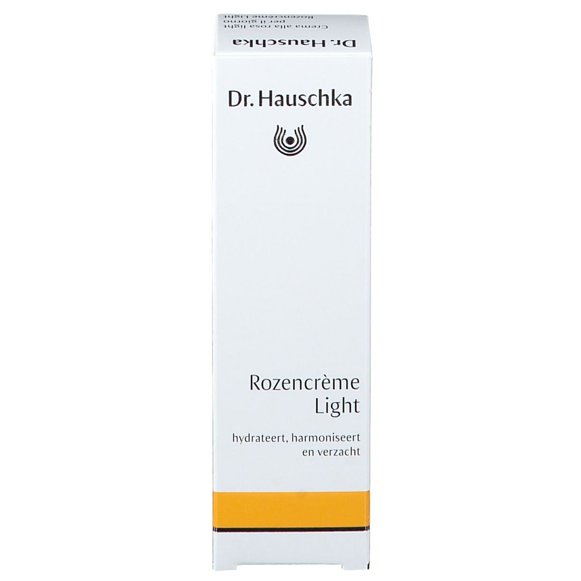 Boîte blanche avec inscription: Dr. Hauschka, Rozencreme Light. Bande jaune. Texte multilingue.