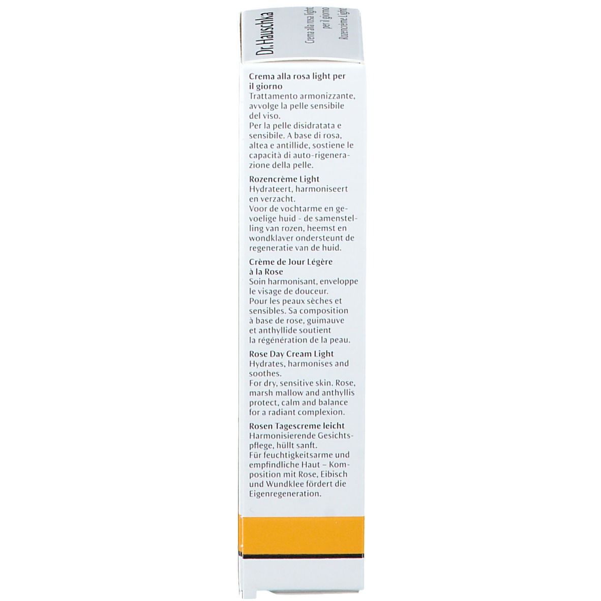 Dos de la boîte. Texte multilingue. Bande jaune. Inscription: Dr. Hauschka, 30 ml.