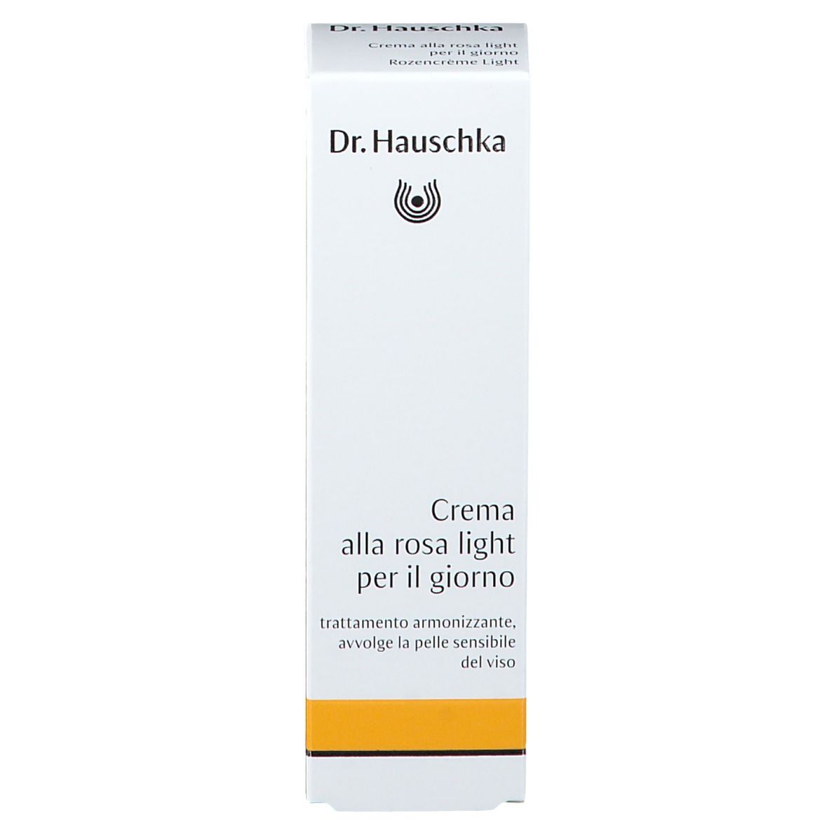 Boîte blanche avec inscription: Dr. Hauschka, Crème alla rosa light per il giorno, Rozencreme Light. Bande jaune.