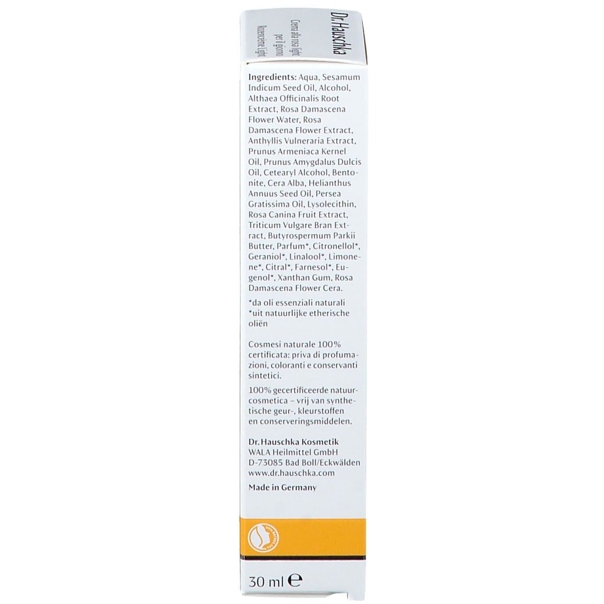 Boîte blanche. Inscription: Dr. Hauschka. Ingrédients. Bande jaune. Inscription: 30 ml, Made in Germany.